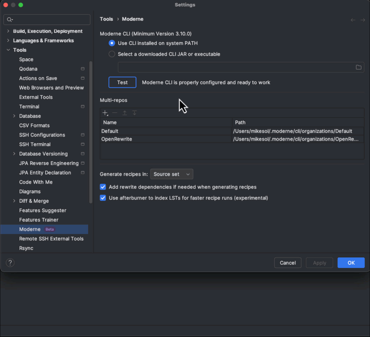 Configuring the Moderne IDE plugin with a Moderne organization